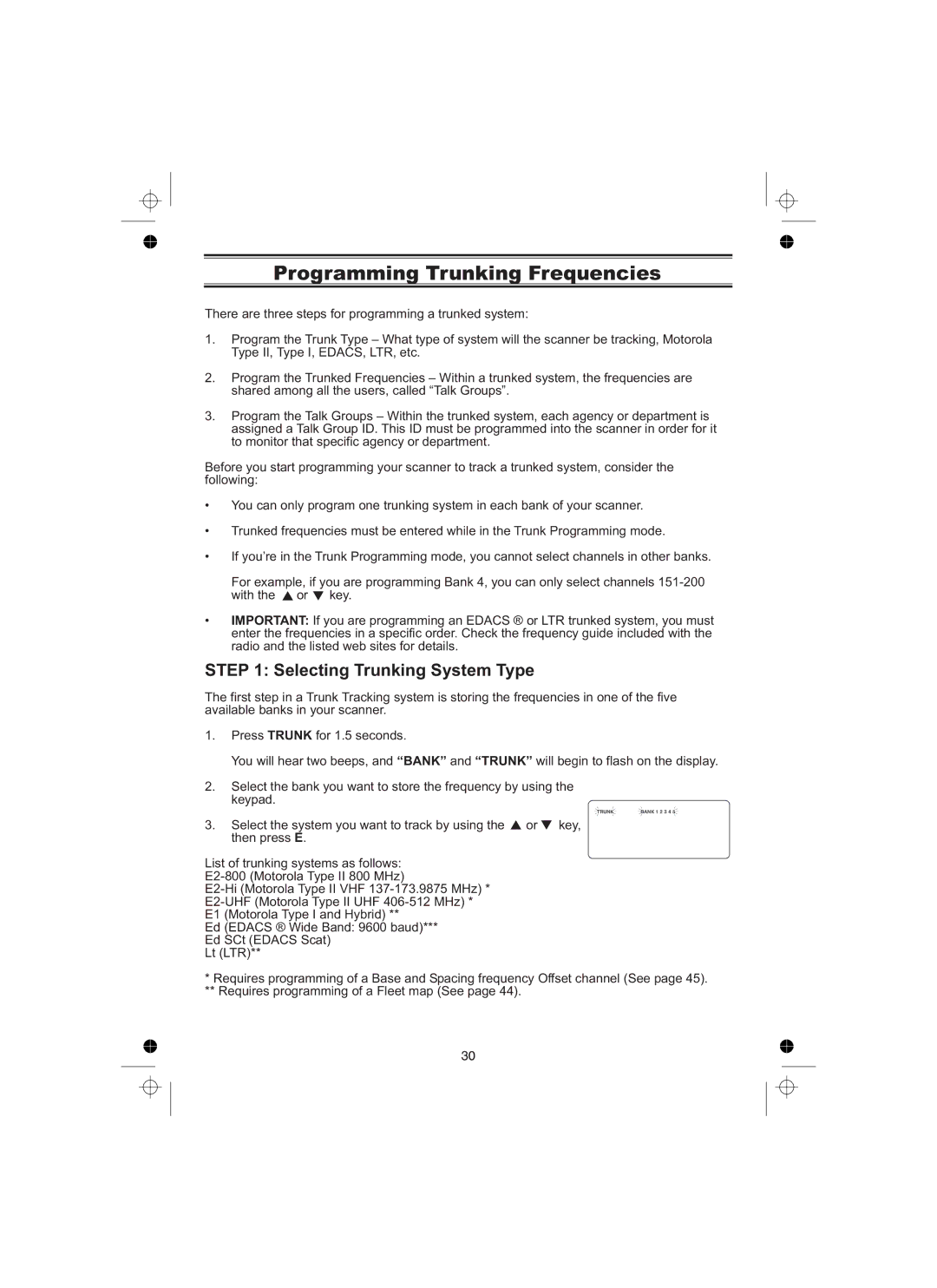 Uniden UBCT8 owner manual Programming Trunking Frequencies, Selecting Trunking System Type 