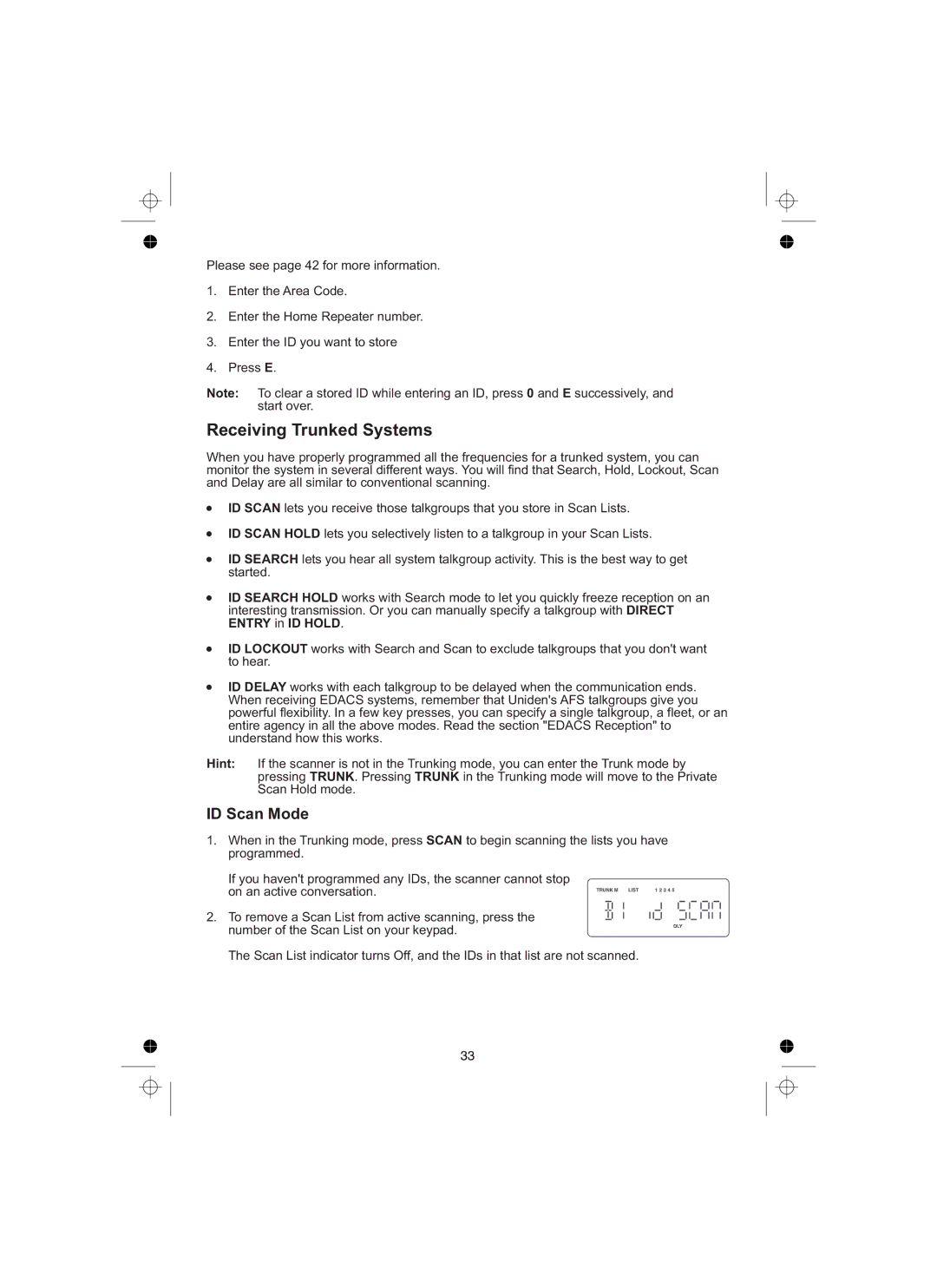 Uniden UBCT8 owner manual Receiving Trunked Systems, ID Scan Mode 