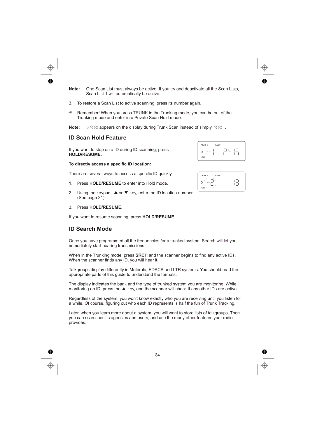 Uniden UBCT8 owner manual ID Scan Hold Feature, ID Search Mode, To directly access a specific ID location 