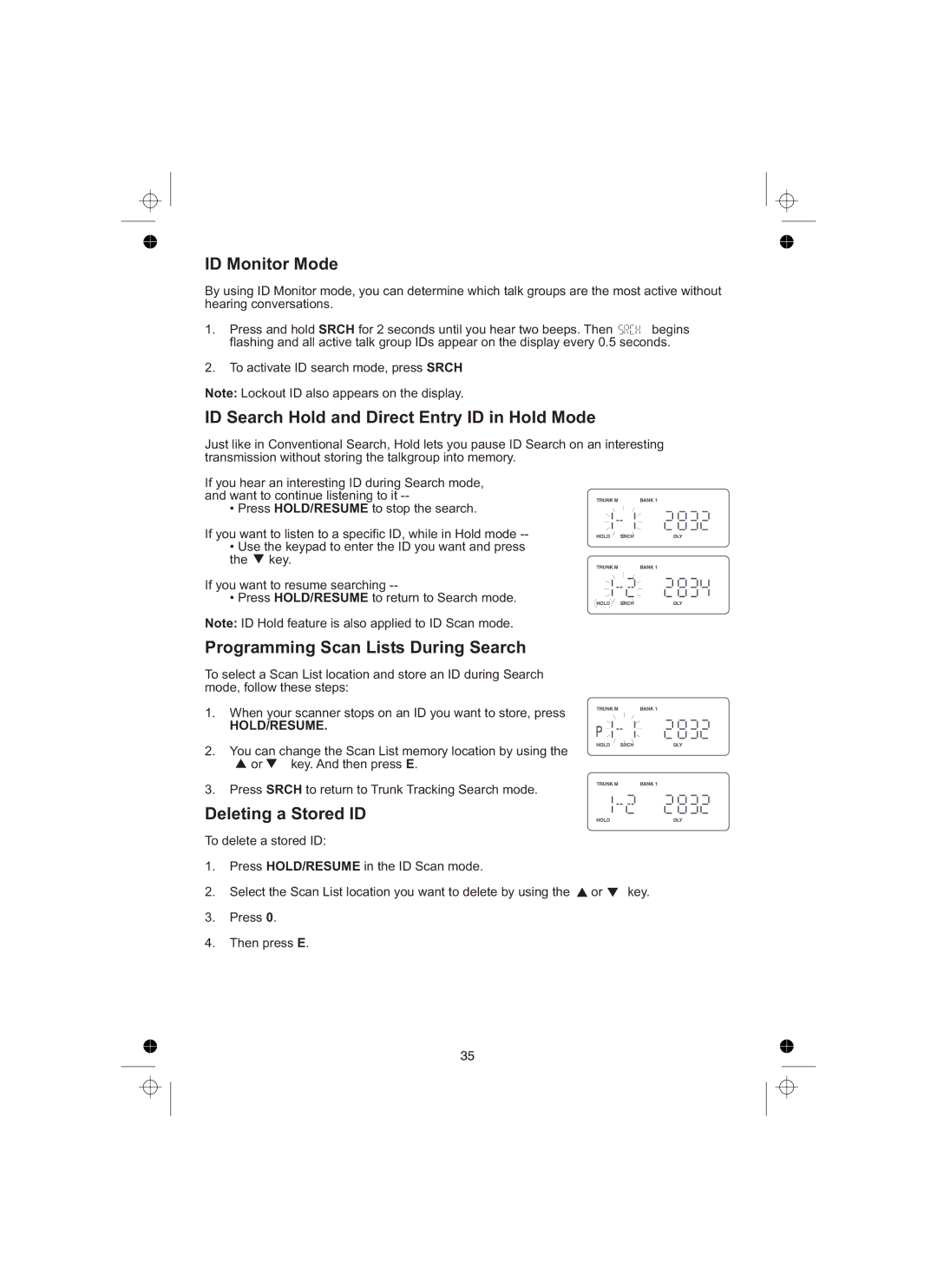 Uniden UBCT8 ID Monitor Mode, ID Search Hold and Direct Entry ID in Hold Mode, Programming Scan Lists During Search 