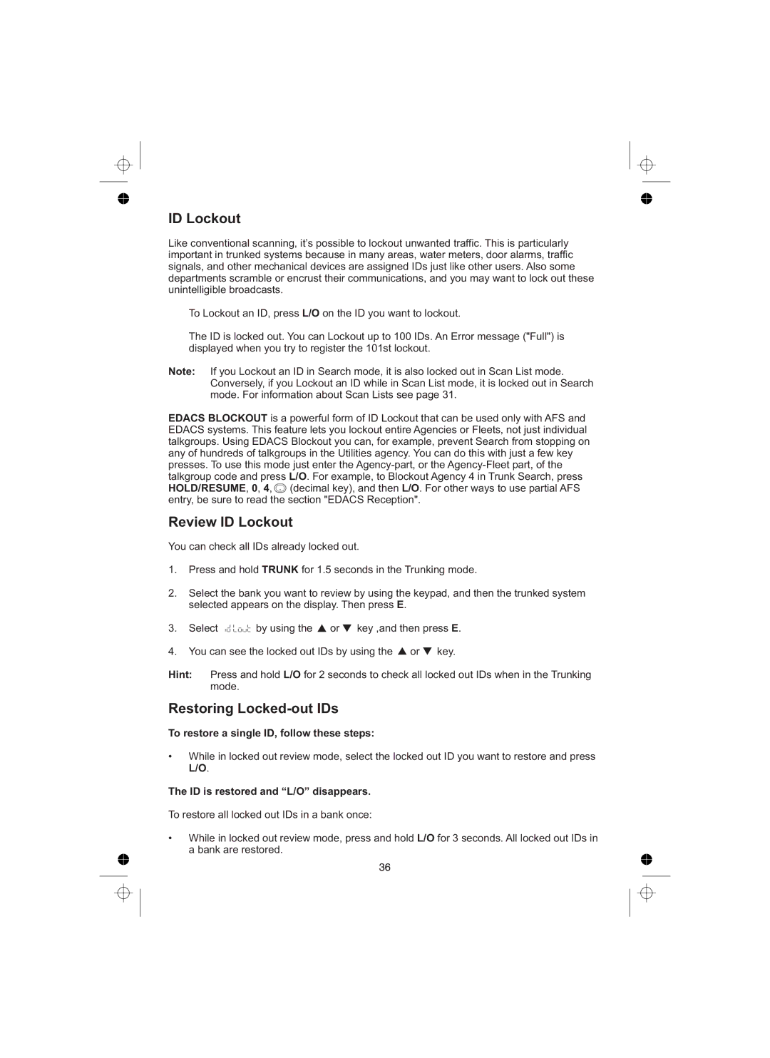 Uniden UBCT8 owner manual Review ID Lockout, Restoring Locked-out IDs, To restore a single ID, follow these steps 