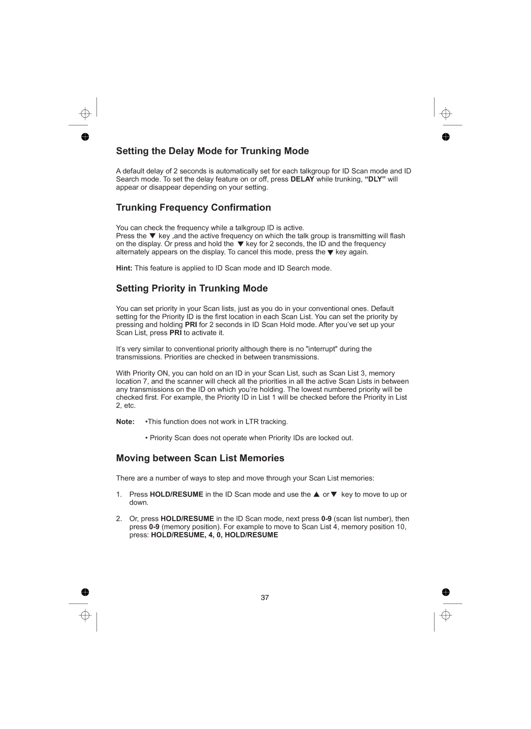 Uniden UBCT8 Setting the Delay Mode for Trunking Mode, Trunking Frequency Confirmation, Setting Priority in Trunking Mode 