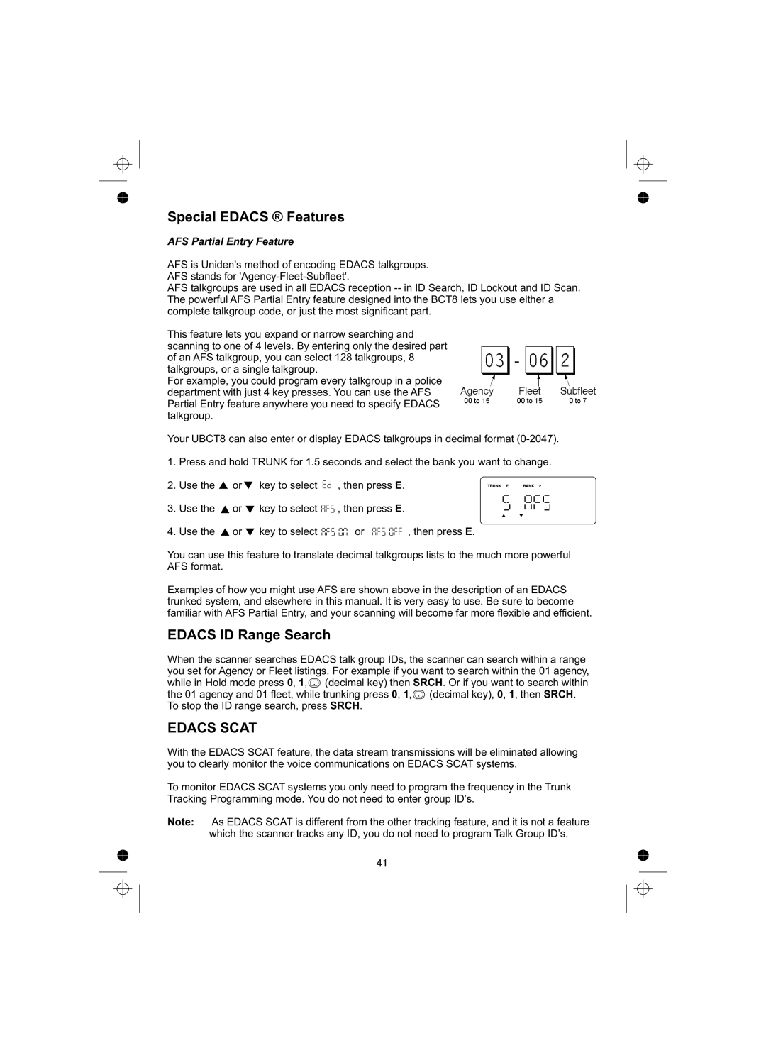 Uniden UBCT8 owner manual Special Edacs Features, Edacs ID Range Search 