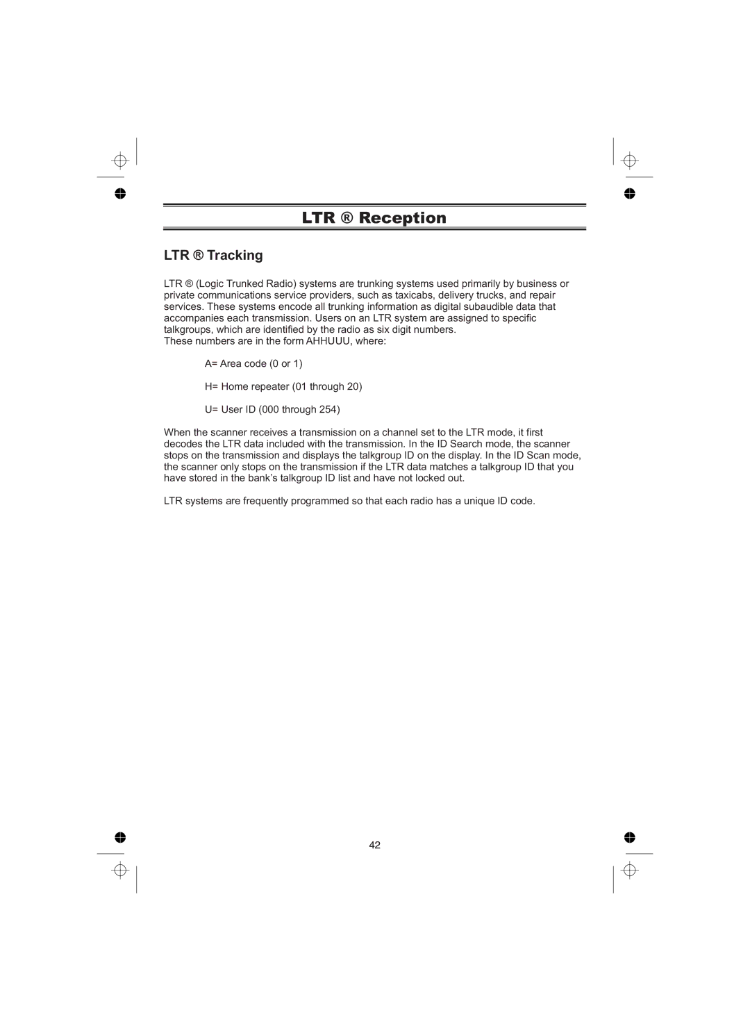 Uniden UBCT8 owner manual LTR Reception, LTR Tracking 