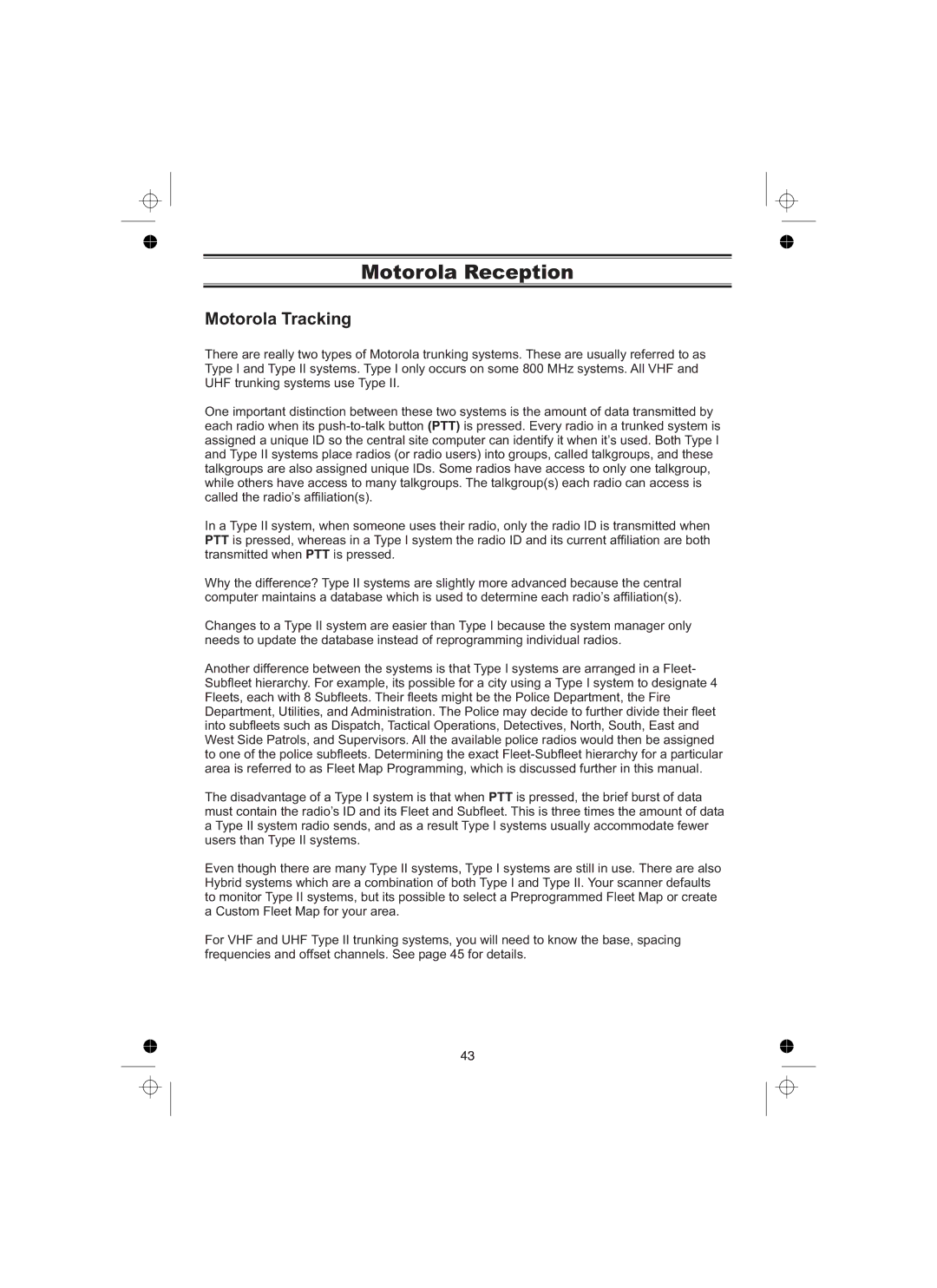 Uniden UBCT8 owner manual Motorola Reception, Motorola Tracking 