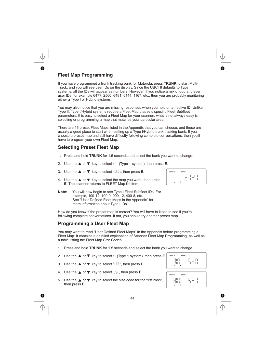 Uniden UBCT8 owner manual Fleet Map Programming, Selecting Preset Fleet Map, Programming a User Fleet Map 