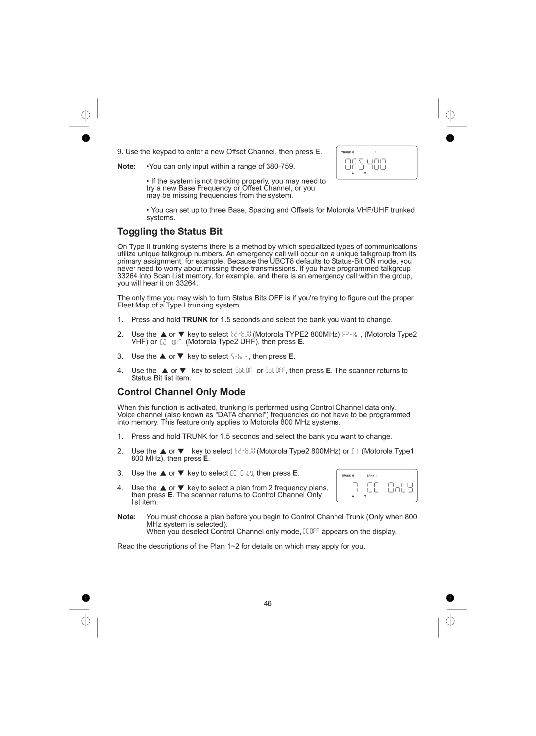 Uniden UBCT8 owner manual Toggling the Status Bit, Control Channel Only Mode 