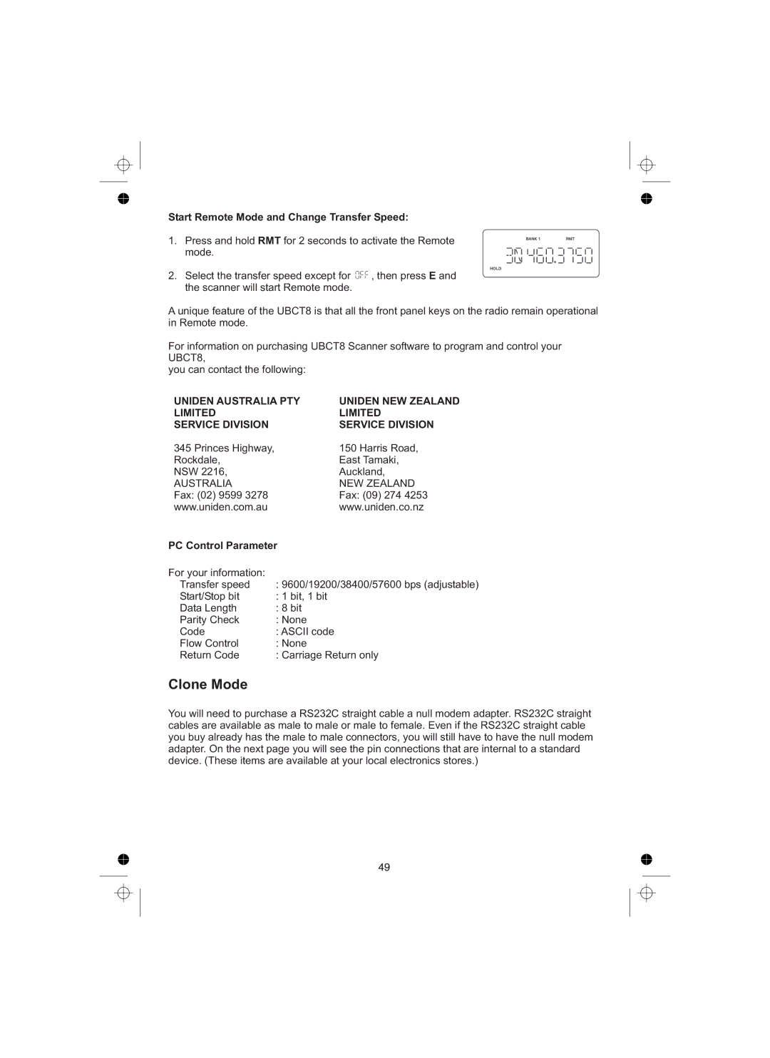 Uniden UBCT8 owner manual Clone Mode, Start Remote Mode and Change Transfer Speed, PC Control Parameter 