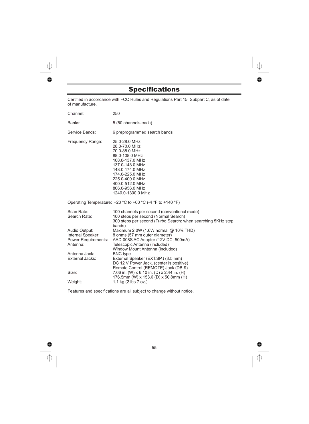 Uniden UBCT8 owner manual Specifications 