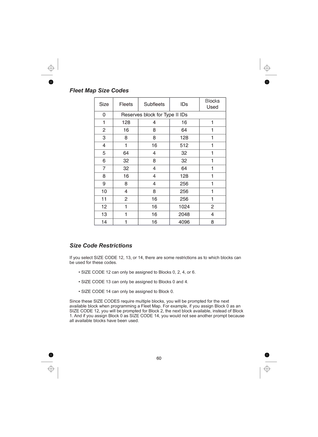 Uniden UBCT8 owner manual Fleet Map Size Codes Size Code Restrictions 