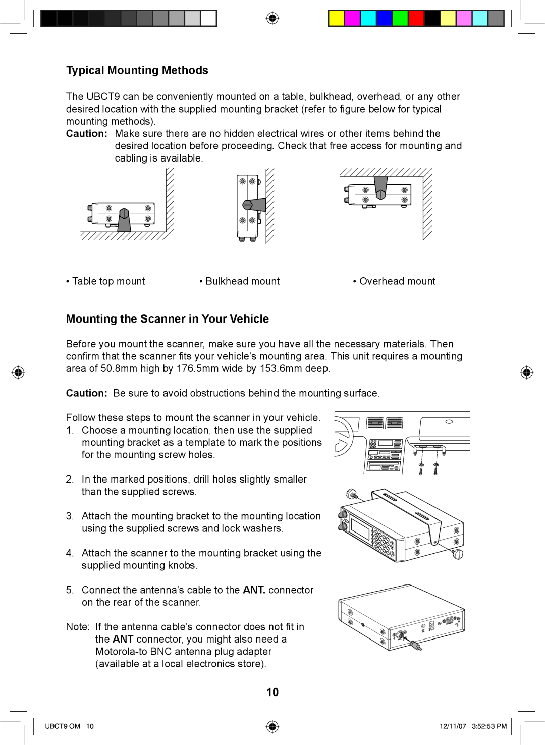 Uniden UBCT9 manual Typical Mounting Methods, Mounting the Scanner in Your Vehicle 