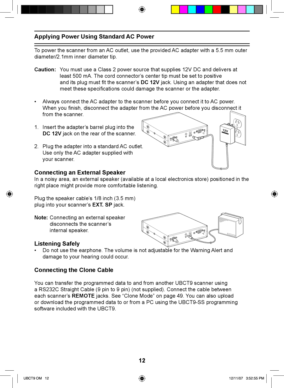 Uniden UBCT9 manual Applying Power Using Standard AC Power, Connecting an External Speaker, Listening Safely 