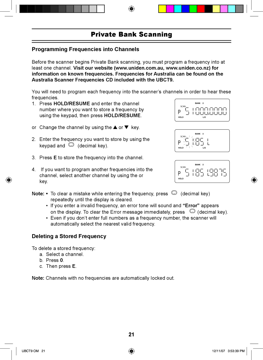 Uniden UBCT9 manual Private Bank Scanning, Programming Frequencies into Channels, Deleting a Stored Frequency 