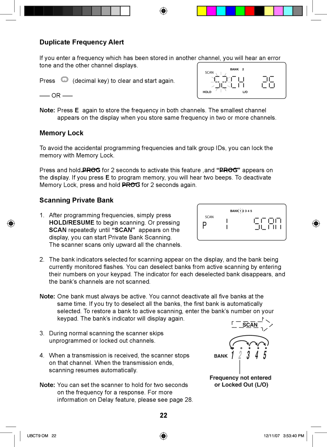 Uniden UBCT9 manual Duplicate Frequency Alert, Memory Lock, Scanning Private Bank 