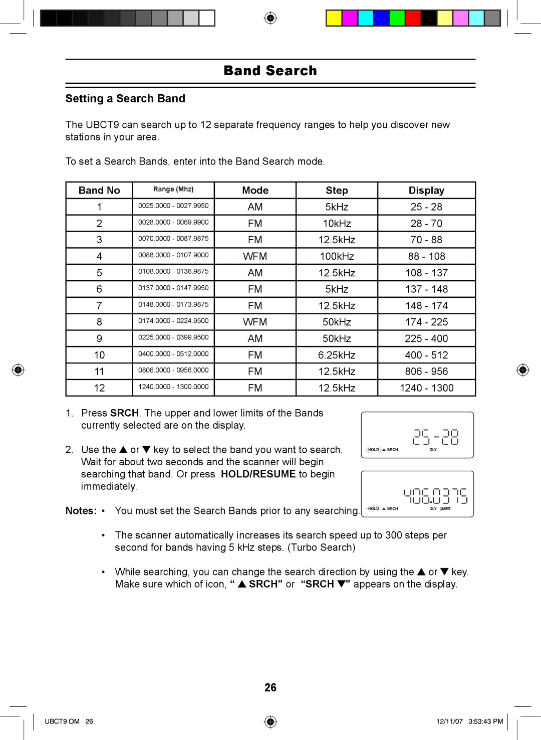 Uniden UBCT9 manual Band Search, Setting a Search Band, Band No, Mode Step Display 