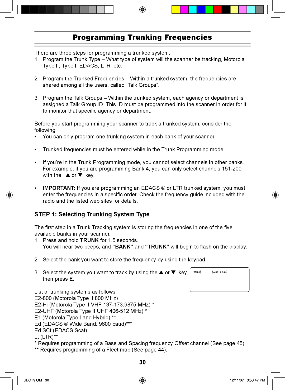 Uniden UBCT9 manual Programming Trunking Frequencies, Selecting Trunking System Type 