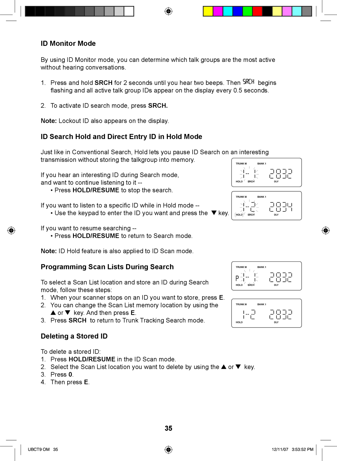 Uniden UBCT9 manual ID Monitor Mode, ID Search Hold and Direct Entry ID in Hold Mode, Programming Scan Lists During Search 