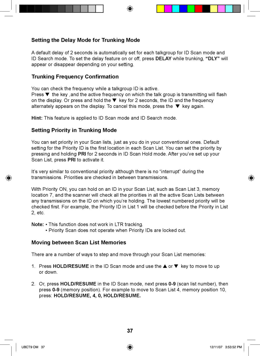 Uniden UBCT9 Setting the Delay Mode for Trunking Mode, Trunking Frequency Confirmation, Setting Priority in Trunking Mode 