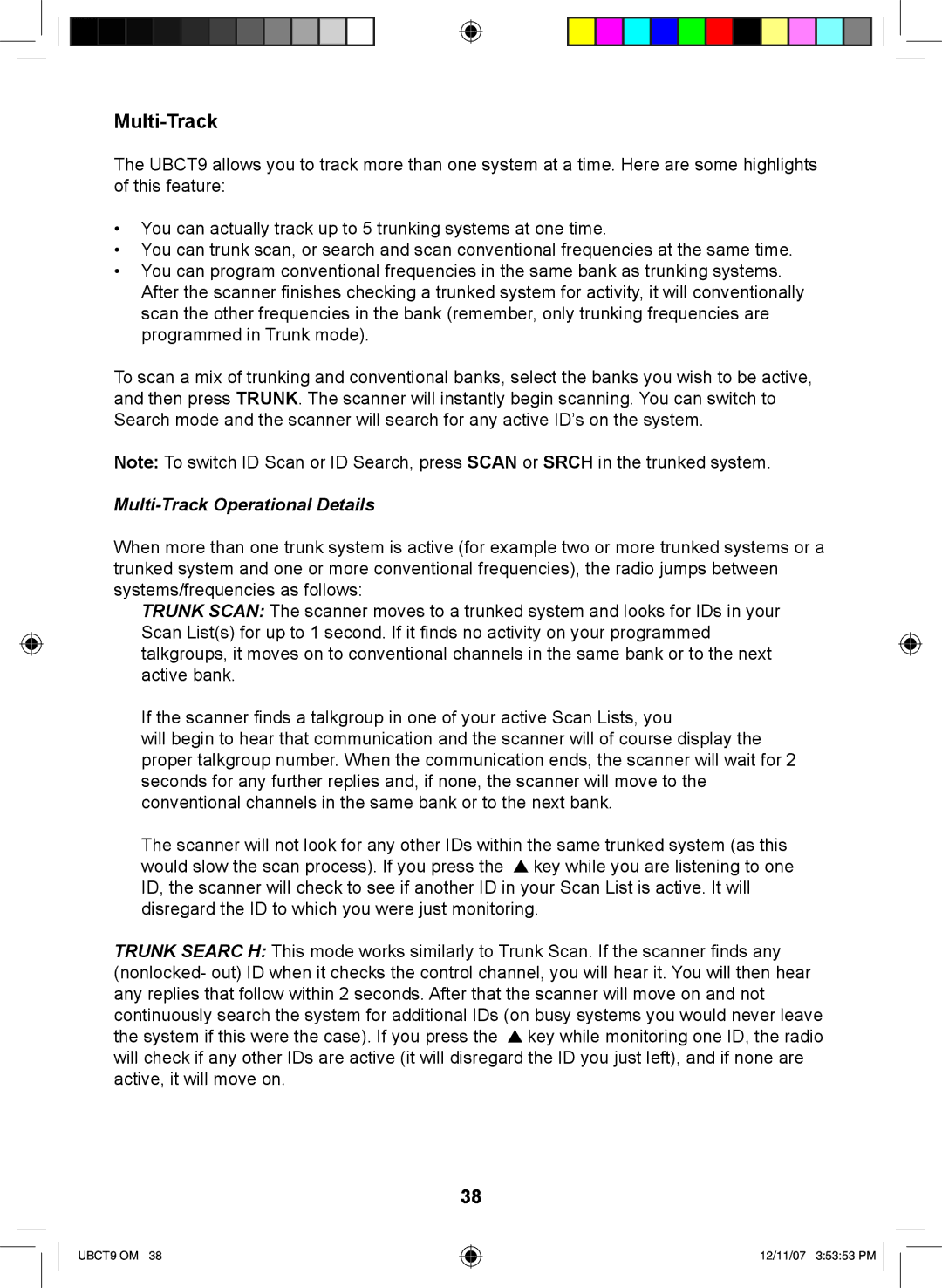 Uniden UBCT9 manual Multi-Track Operational Details 