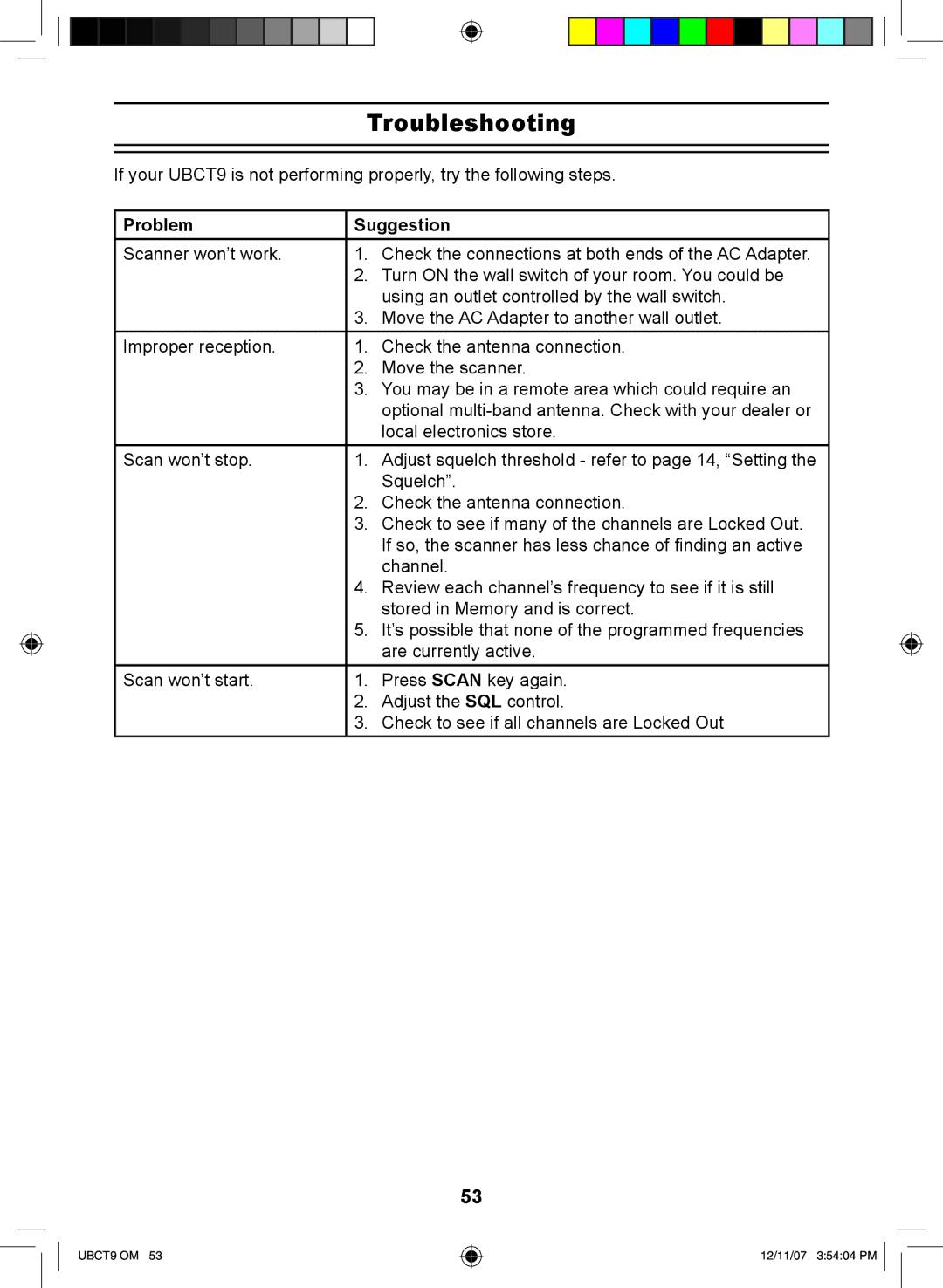 Uniden UBCT9 manual Troubleshooting, Problem Suggestion 