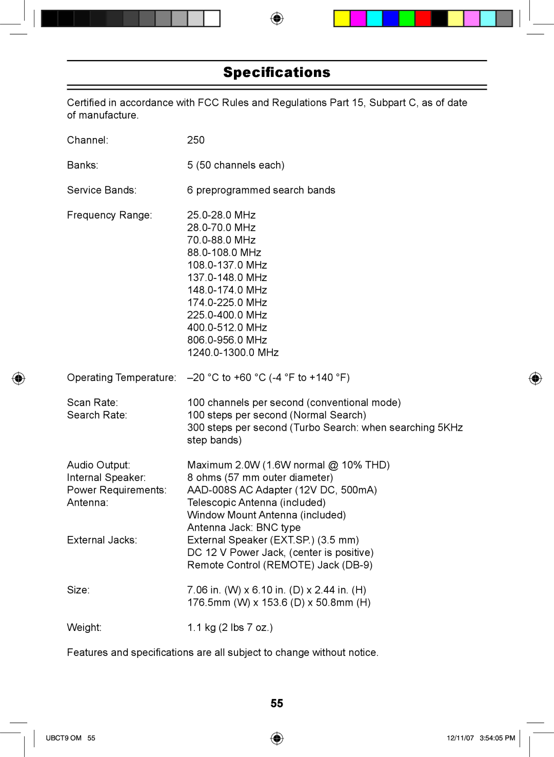 Uniden UBCT9 manual Specifications 