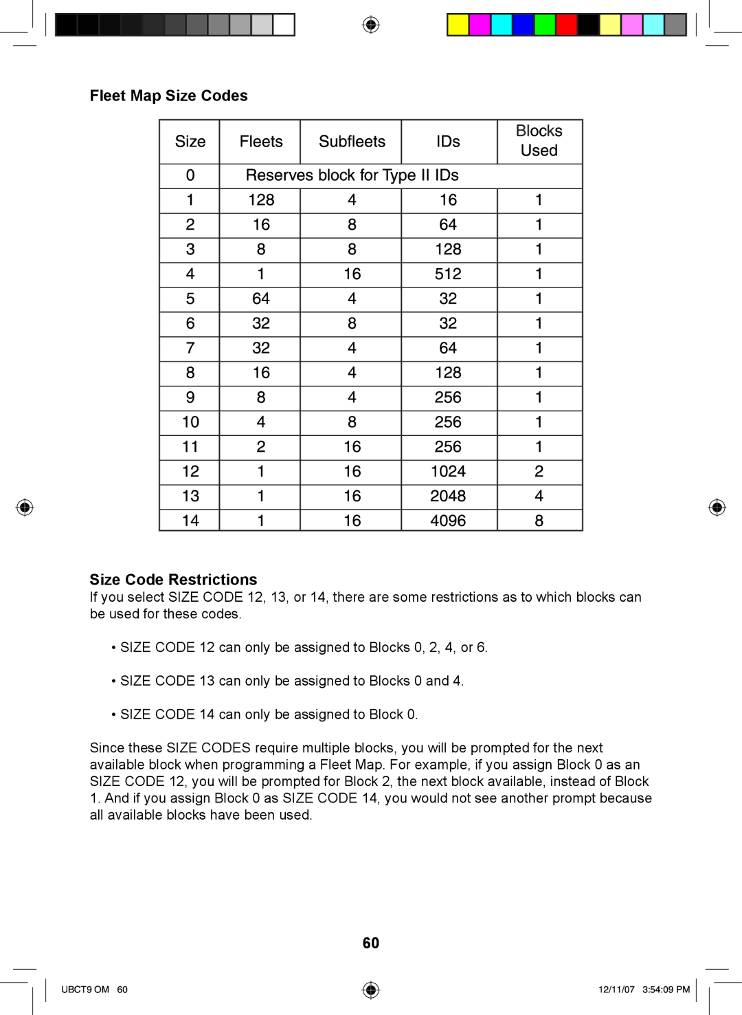 Uniden UBCT9 manual Fleet Map Size Codes Size Code Restrictions 