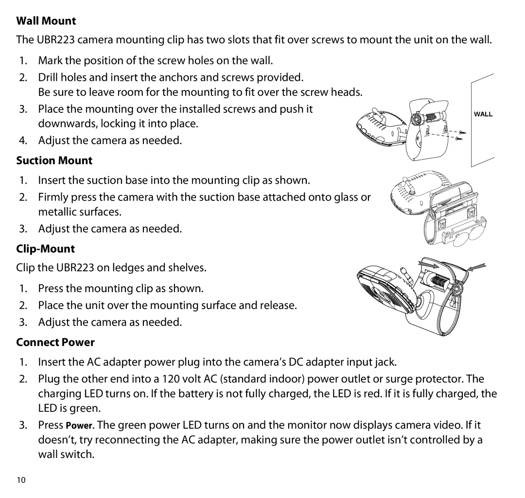 Uniden UBR223 manual Wall Mount, Suction Mount, Clip-Mount, Connect Power 