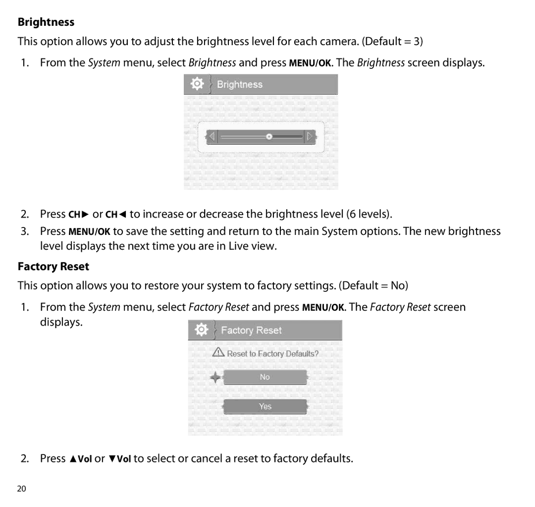 Uniden UBR223 manual Brightness, Factory Reset 