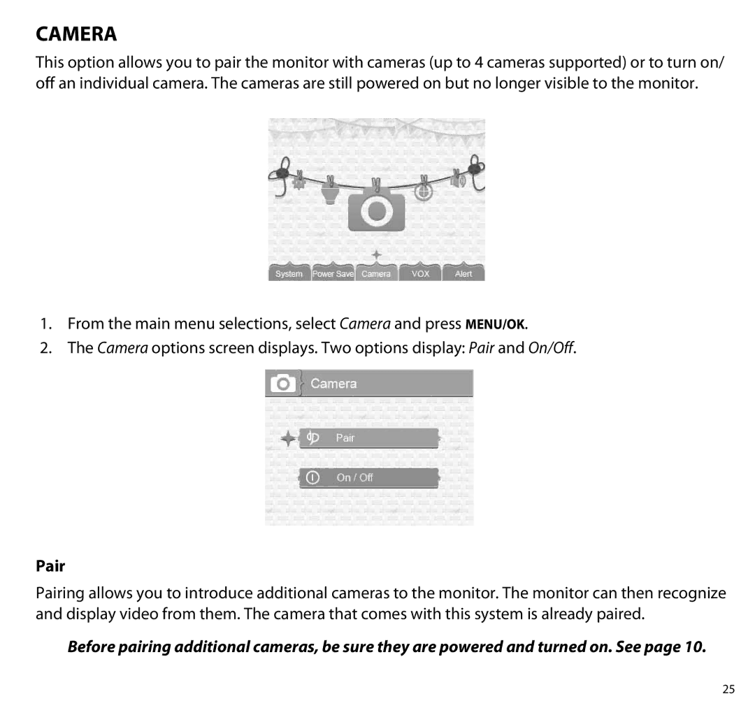 Uniden UBR223 manual Camera, Pair 