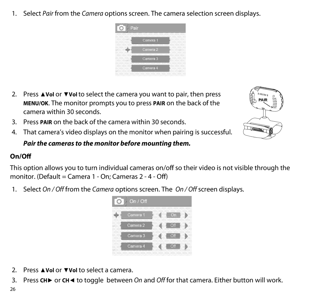 Uniden UBR223 manual Pair the cameras to the monitor before mounting them, On/Off 