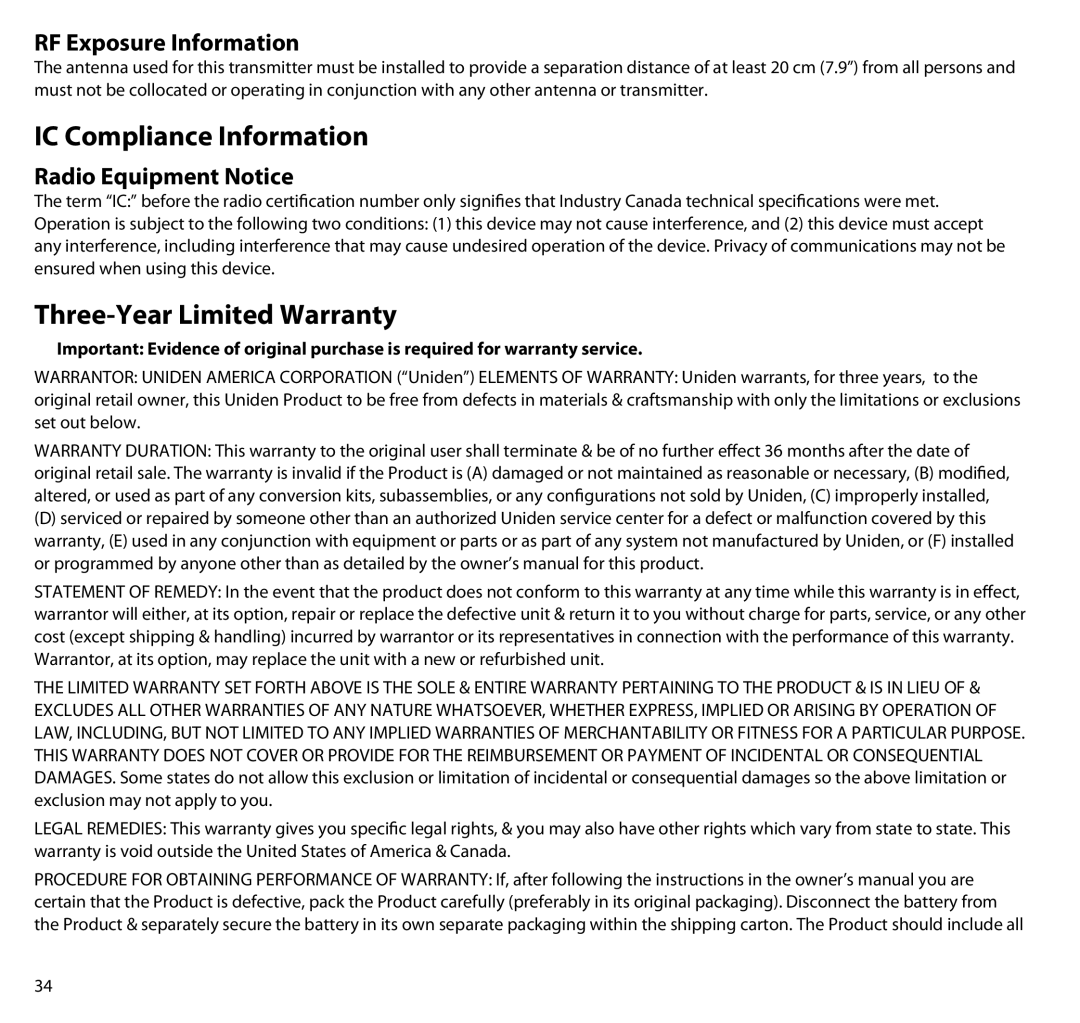 Uniden UBR223 manual RF Exposure Information, Radio Equipment Notice 