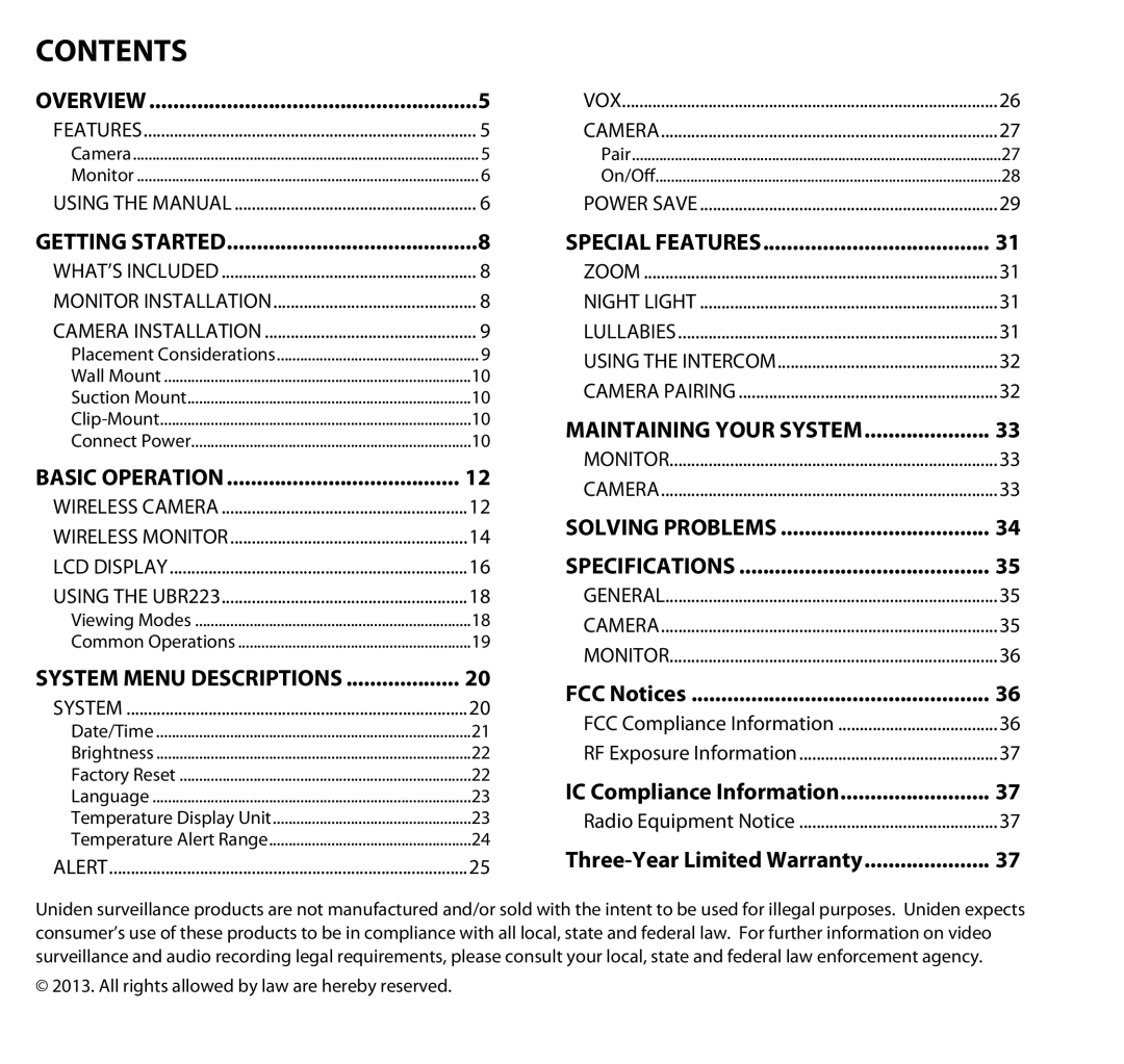 Uniden UBR223 manual Contents 