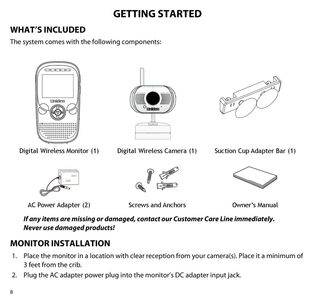 Uniden UBR223 manual Getting Started, WHAT’S Included, Monitor Installation 