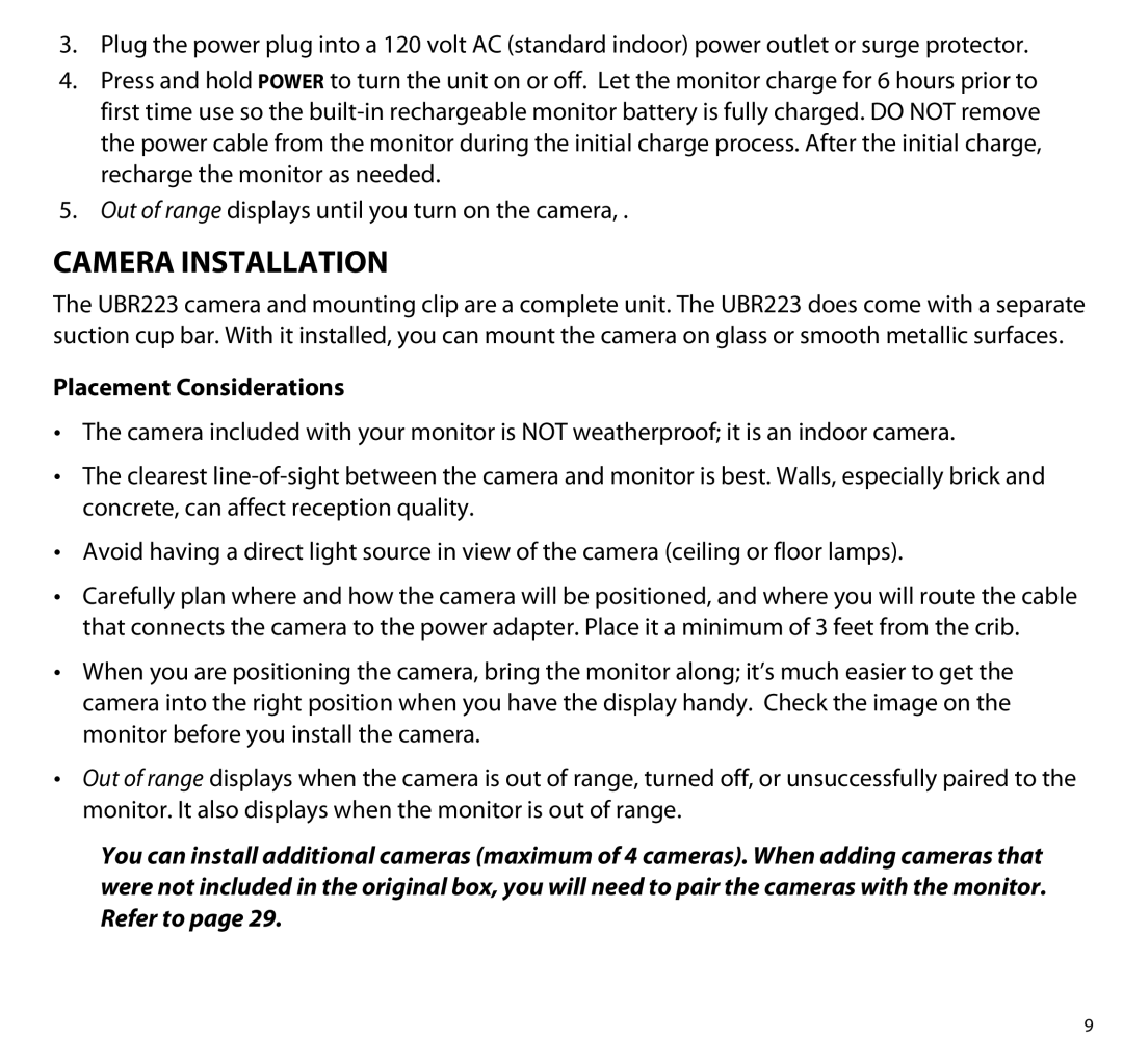 Uniden UBR223 manual Camera Installation, Placement Considerations 