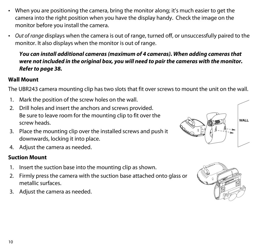 Uniden UBR243 manual Wall Mount, Suction Mount 