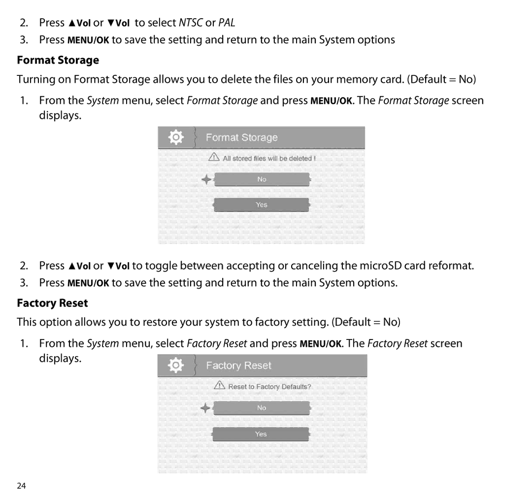 Uniden UBR243 manual Format Storage, Factory Reset 