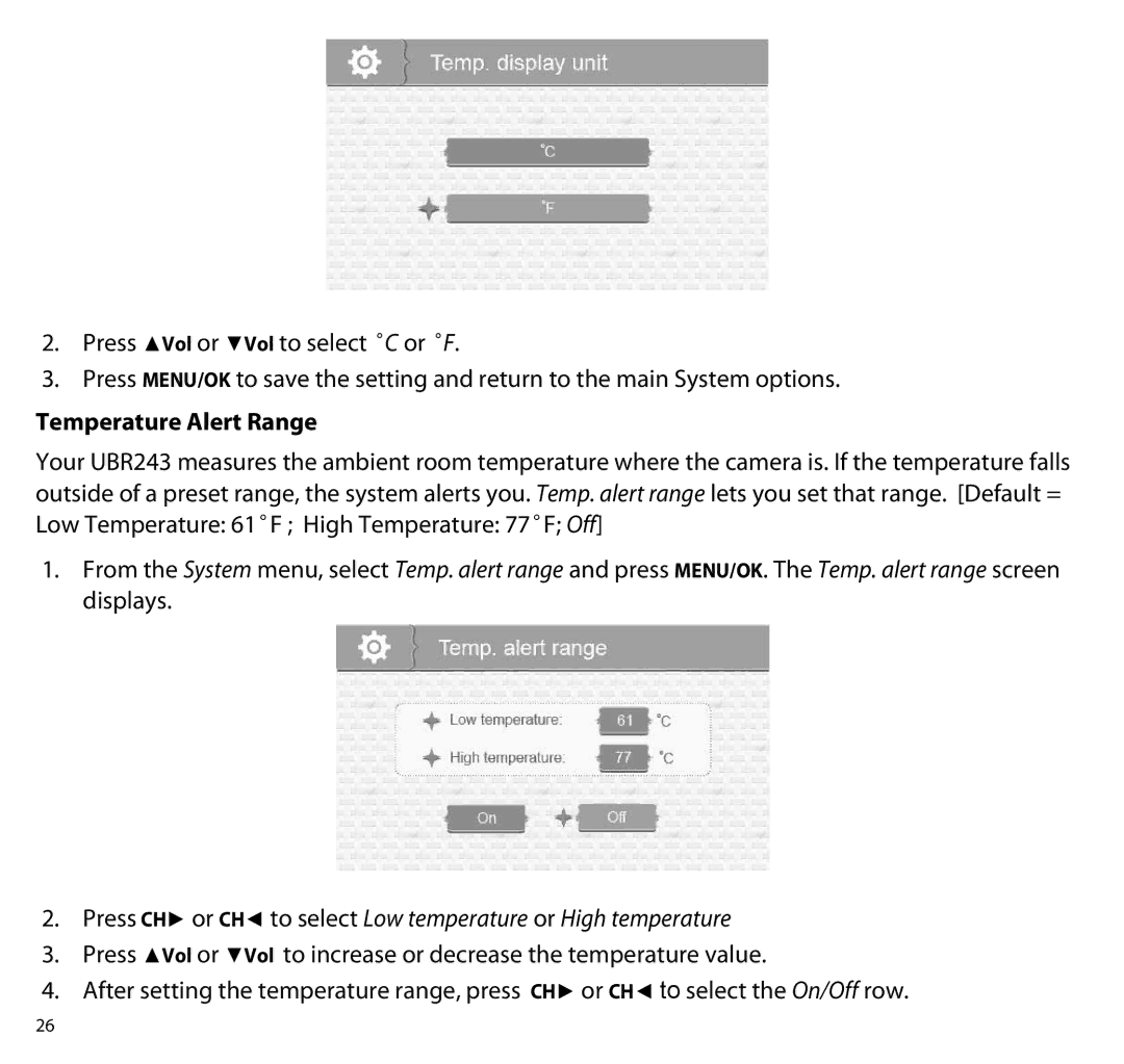 Uniden UBR243 manual Temperature Alert Range 