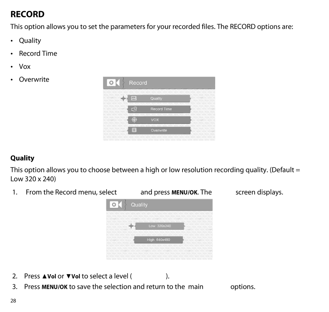 Uniden UBR243 manual Record, Quality 