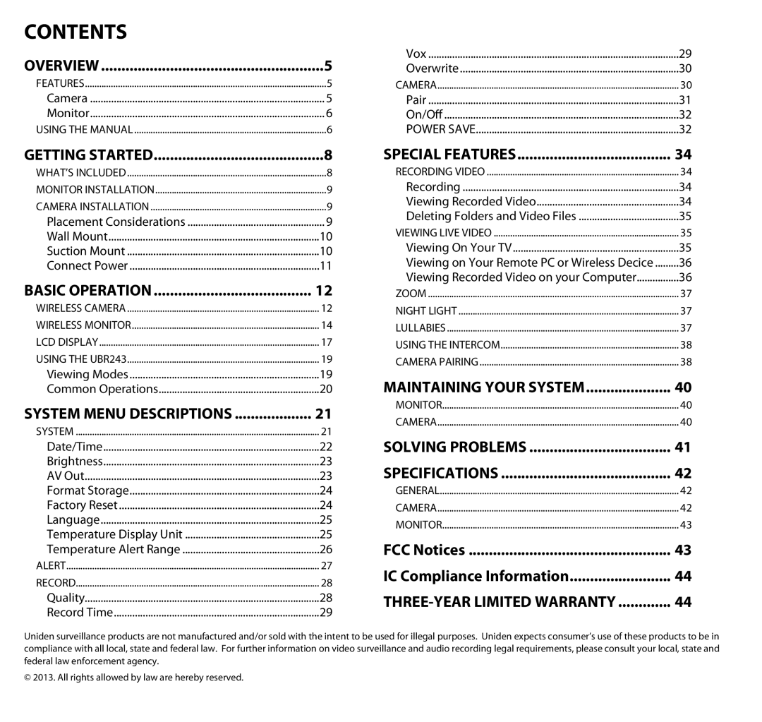 Uniden UBR243 manual Contents 