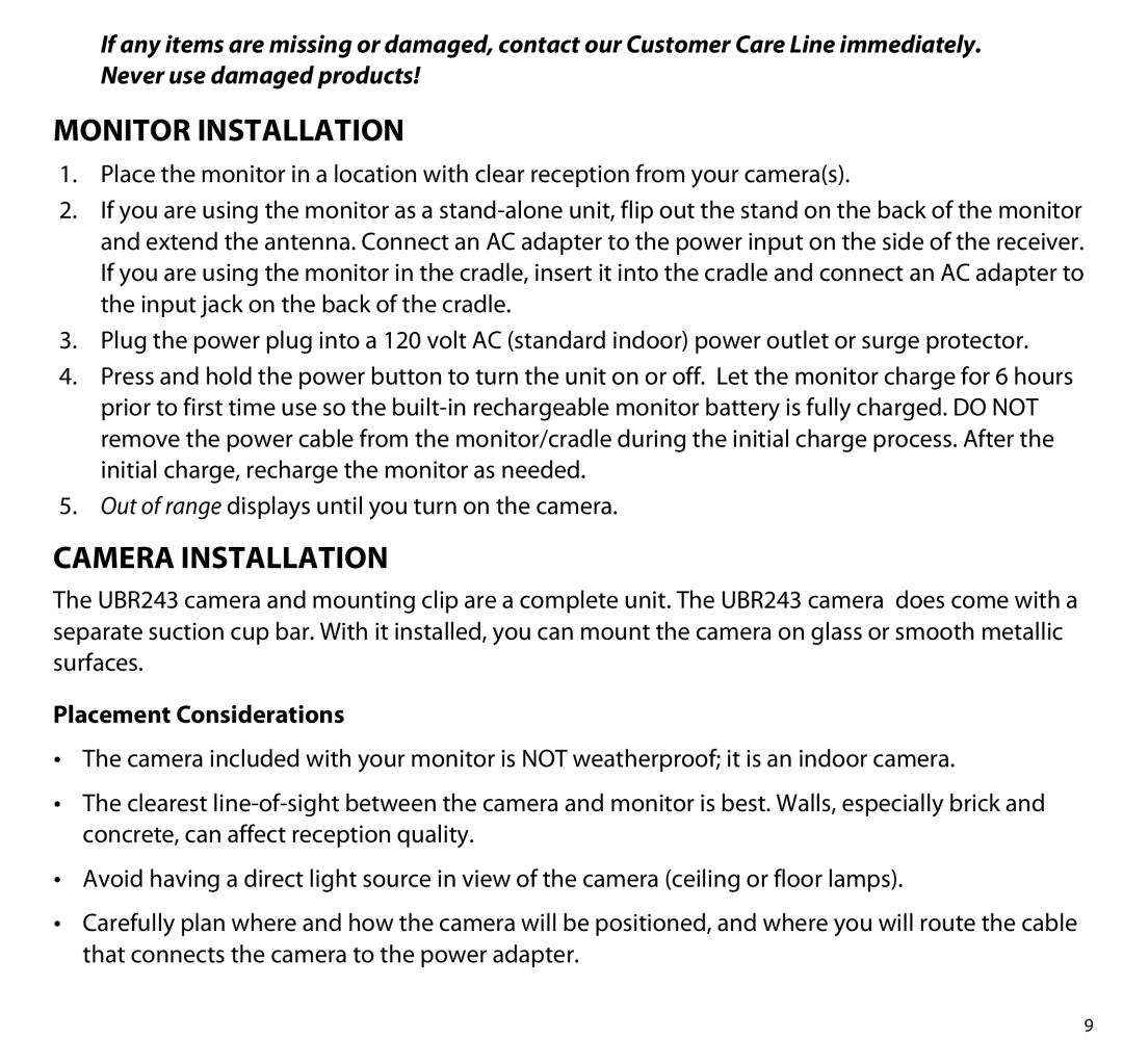 Uniden UBR243 manual Monitor Installation, Camera Installation, Placement Considerations 