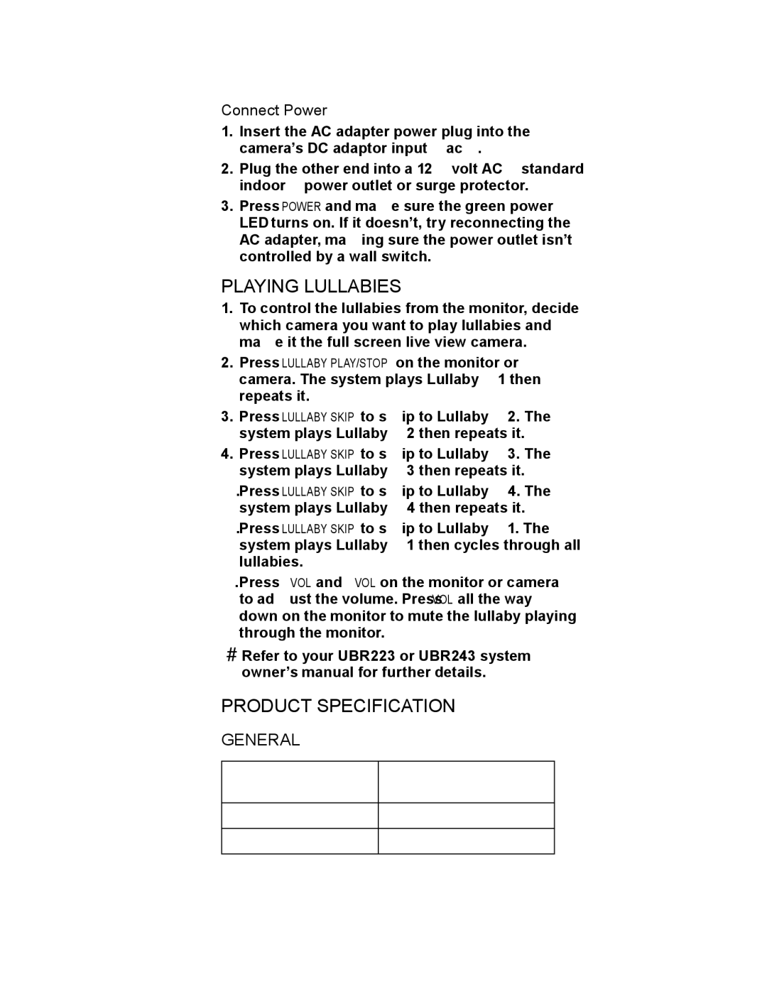 Uniden UBRC13 owner manual Product Specification, General, Connect Power 