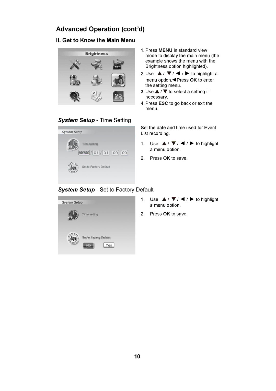 Uniden UBW2101 manual Advanced Operation cont’d, II. Get to Know the Main Menu, System Setup Time Setting 