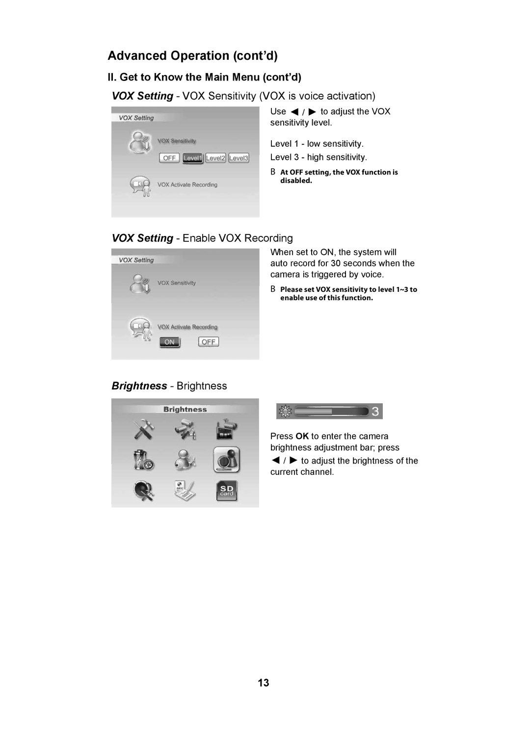 Uniden UBW2101 manual II. Get to Know the Main Menu cont’d, VOX Setting VOX Sensitivity VOX is voice activation 