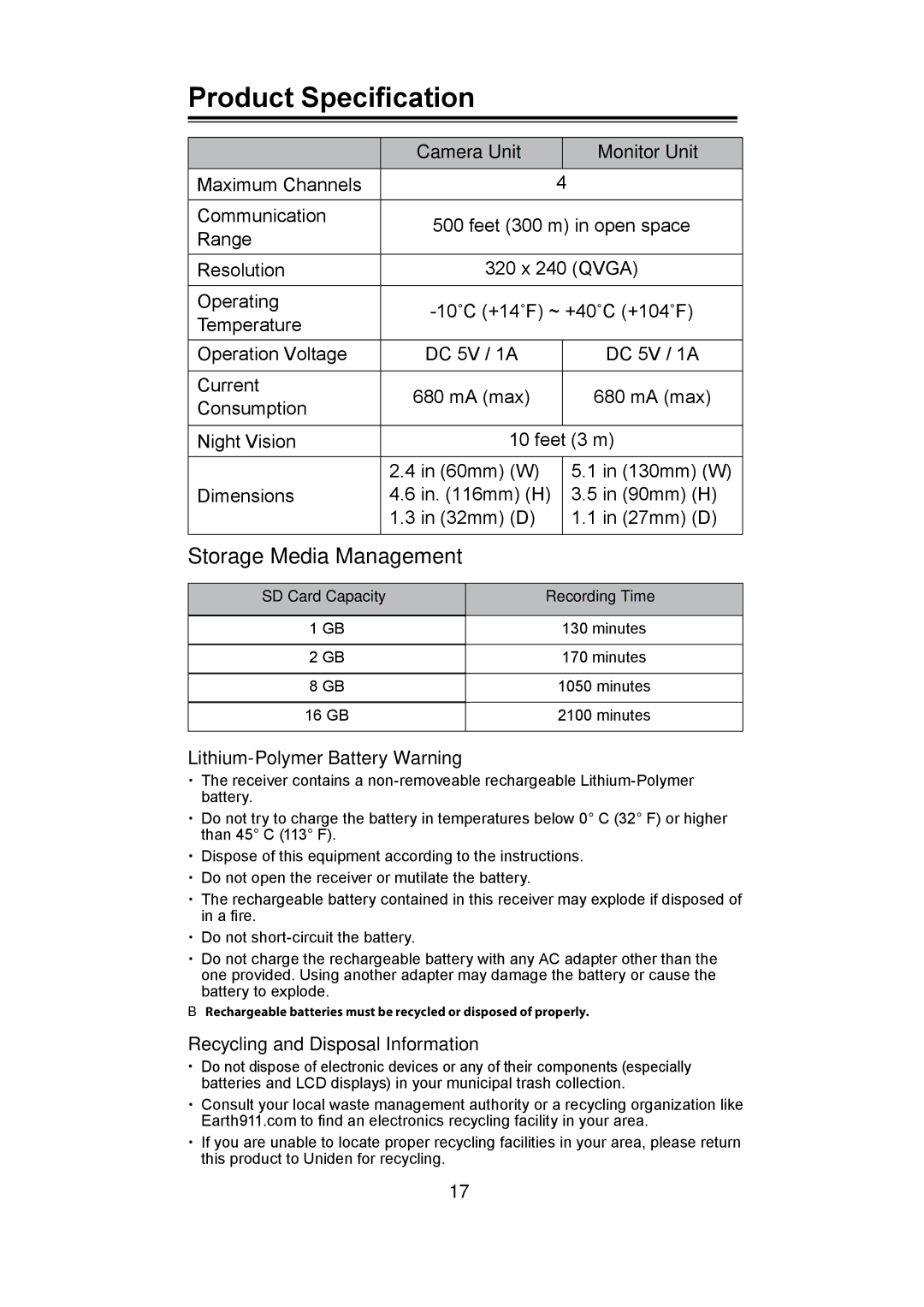 Uniden UBW2101 Product Specification, Storage Media Management, Camera Unit Monitor Unit, Lithium-Polymer Battery Warning 