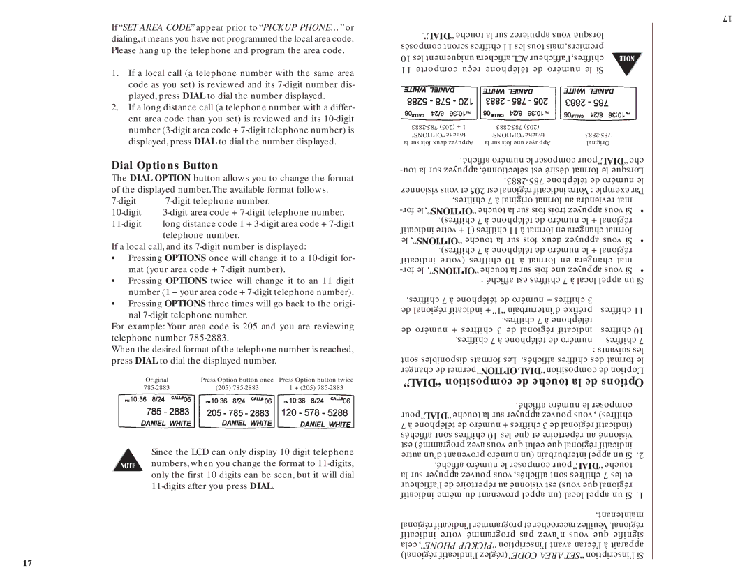 Uniden UCIS 3000 manual Dial Options Button, Dial composition de touche la de Options 