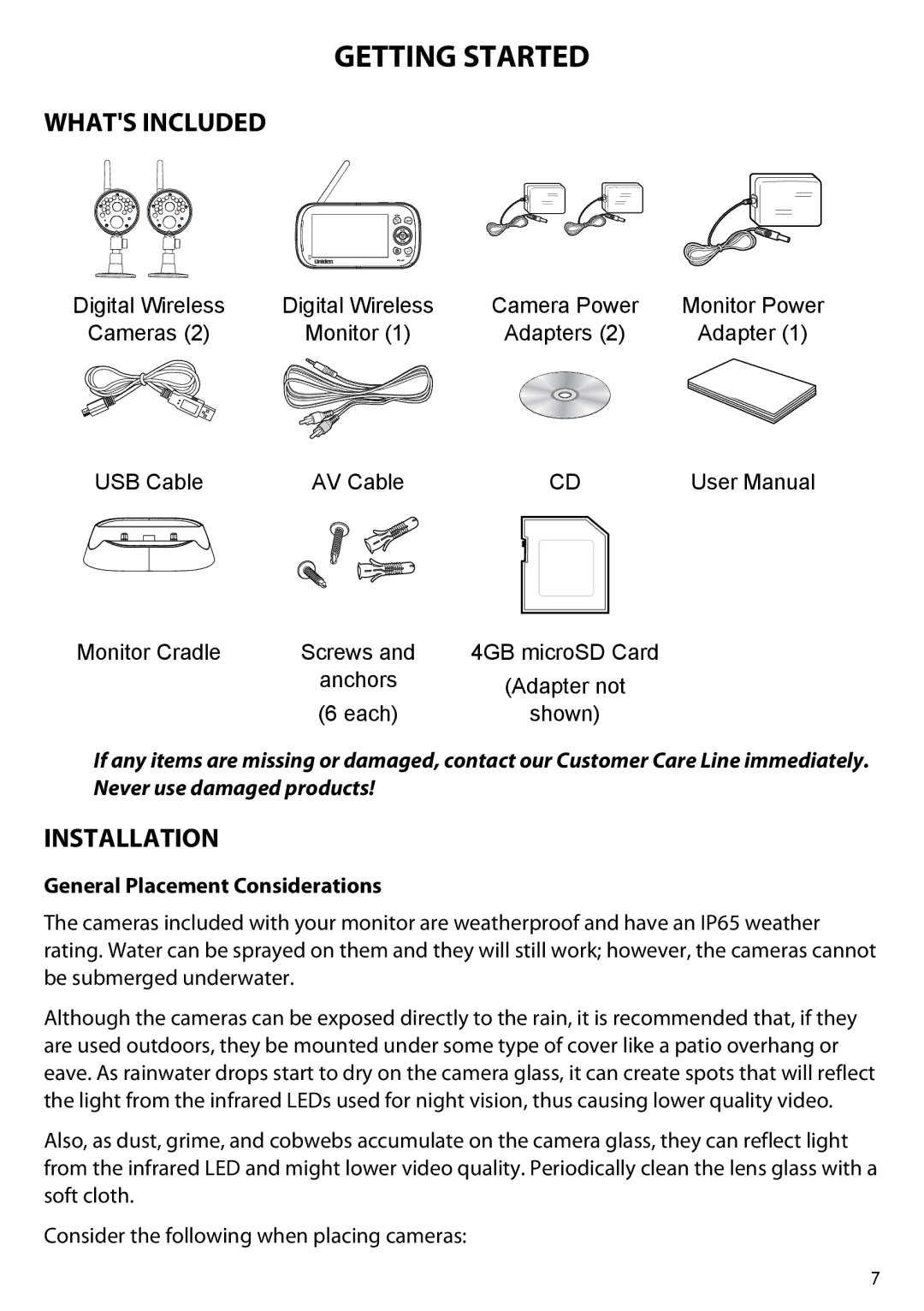 Uniden UDR444 owner manual Getting Started, Whats Included, Installation, General Placement Considerations 