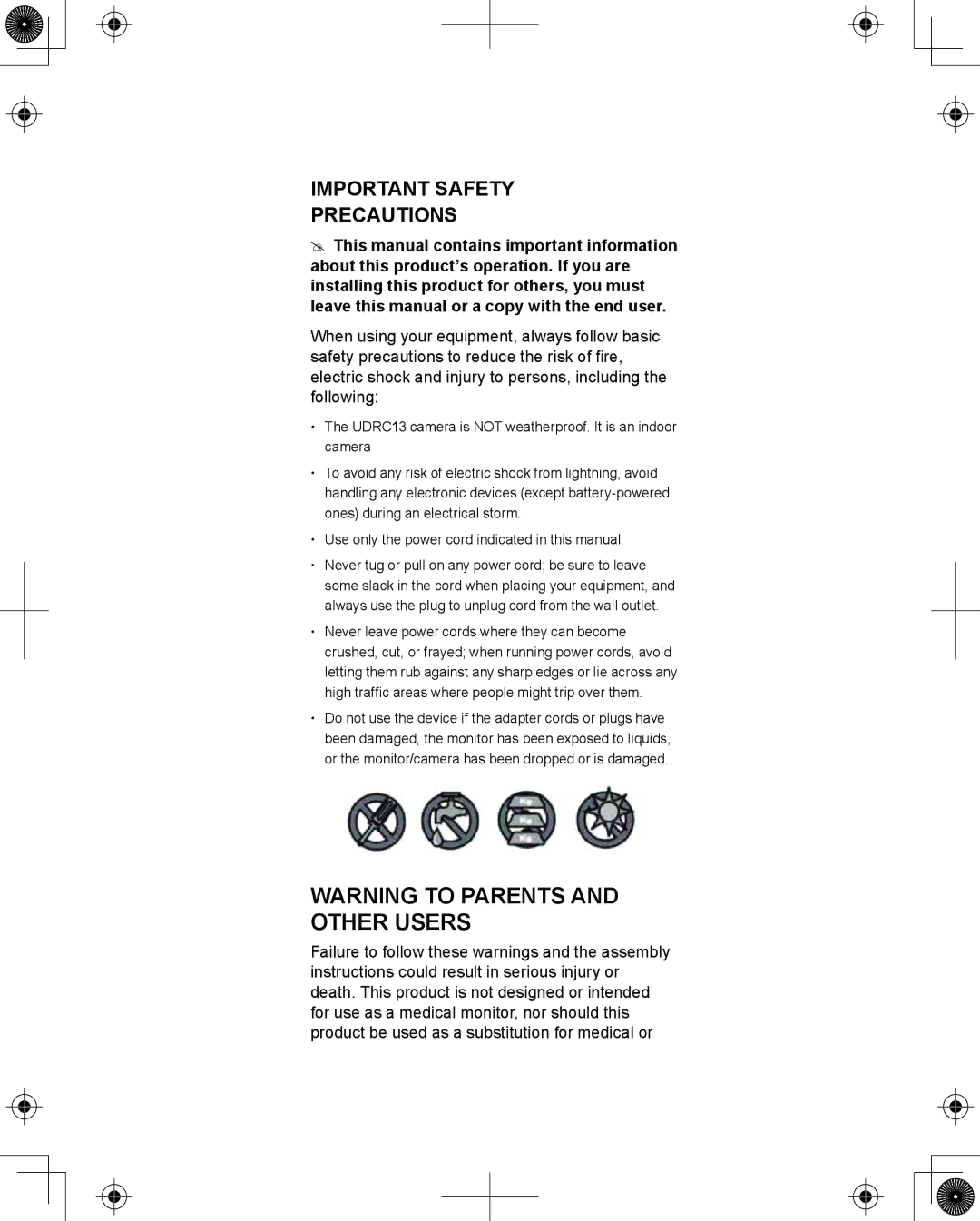 Uniden UDRC13 owner manual Important Safety Precautions 