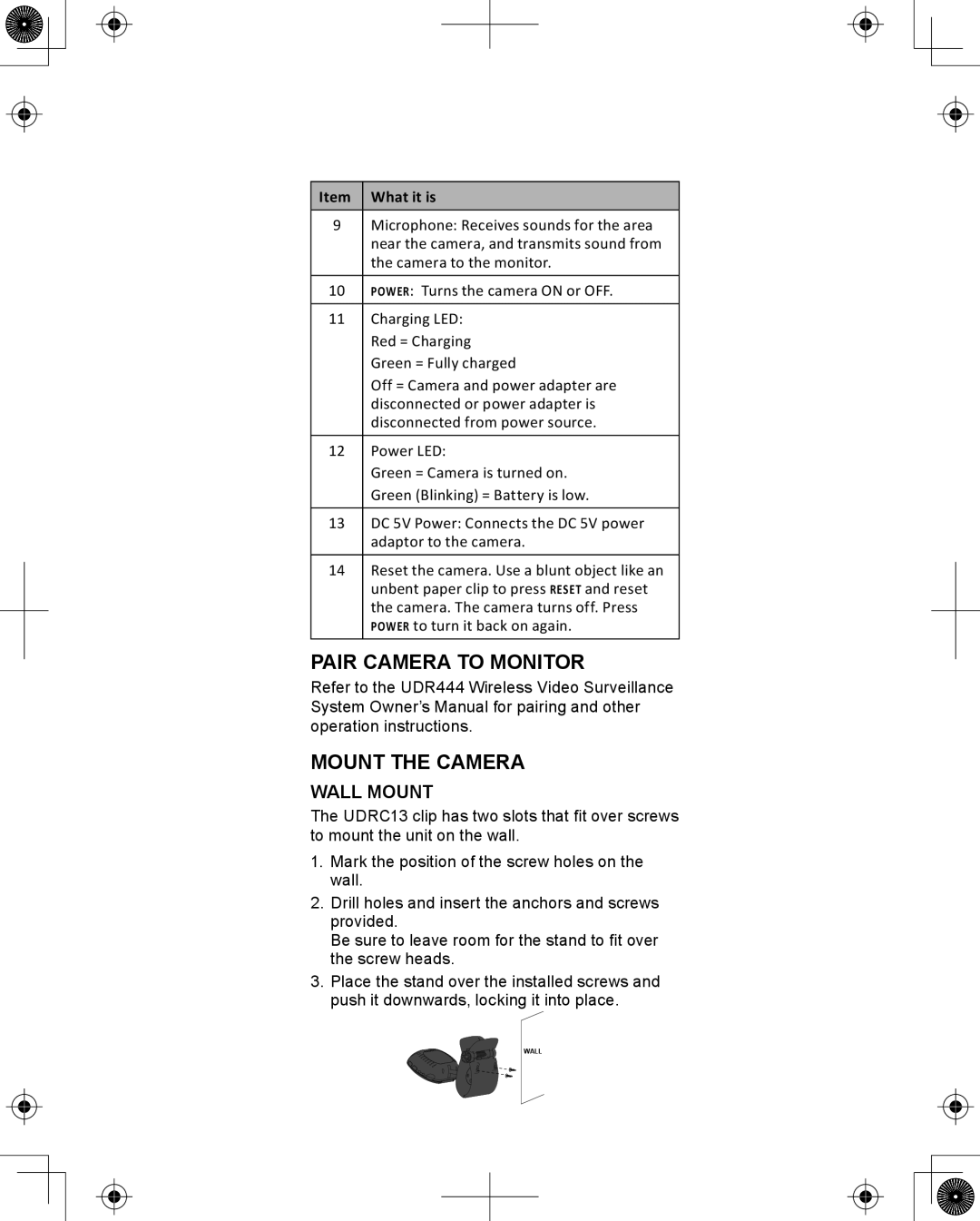 Uniden UDRC13 owner manual Pair Camera to Monitor, Mount the Camera 