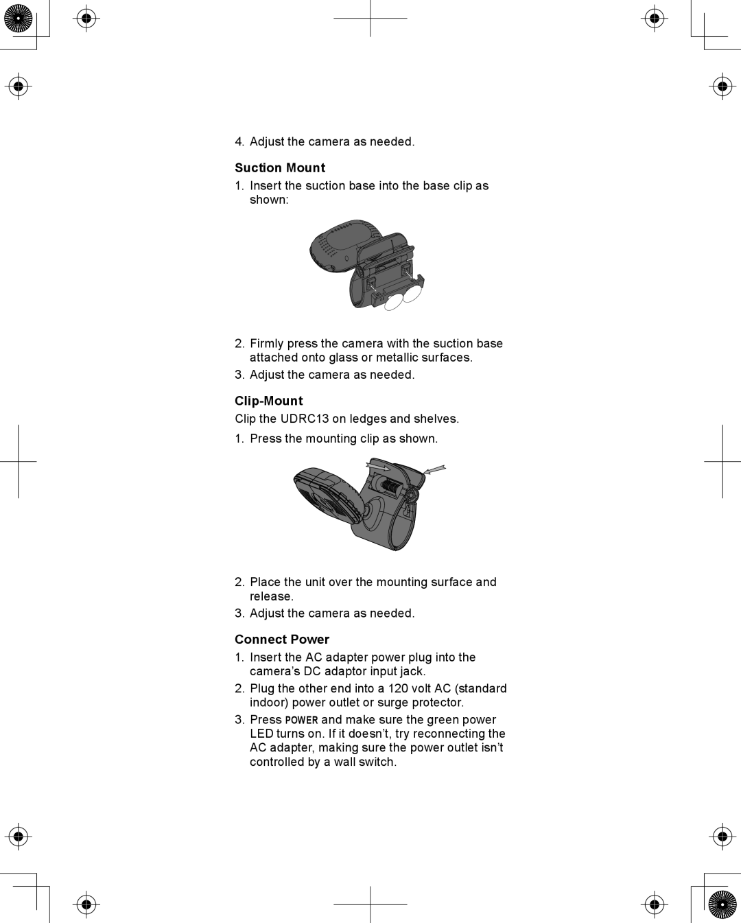 Uniden UDRC13 owner manual Suction Mount, Clip-Mount, Connect Power 