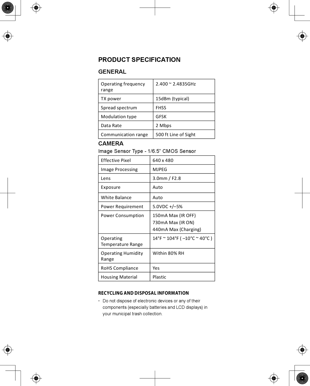 Uniden UDRC13 owner manual Product Specification, Recycling and Disposal Information 